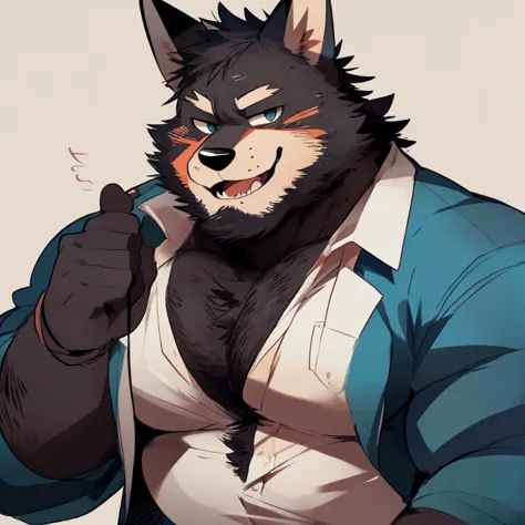 fox, furry, black fur, handsome, very muscular, very big, extremely hot and sexy, beard, hair, chest hair, charming eyes, solo, male, happy expression, daddy, full body, big body, clothes, middle aged, by hyaku, by darkgem, by glitter trap boy