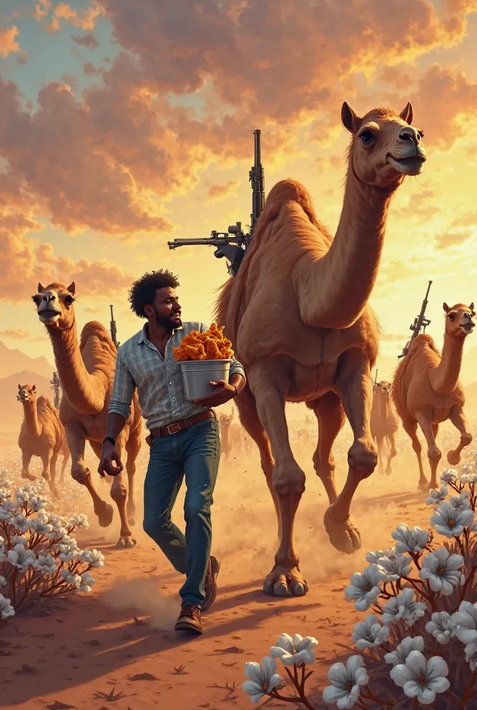 Create an image:

"A man holding a bucket of fried chicken is being chased by a group of camels that are walking on two legs and have two arms. The camels have determined expressions as they reach out toward him. The setting is a surreal desert landscape w...