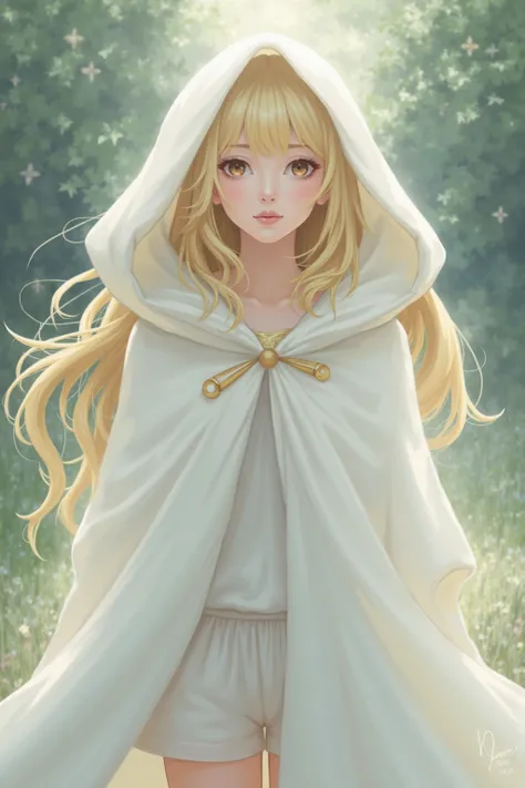 Petite High school girl with blonde hair in a white cloak covering her face and with a white t shirt dress 