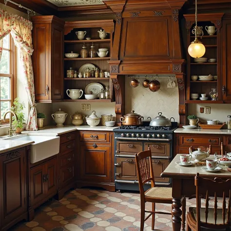  "An elegant, vintage kitchen filled with antique charm. The room is softly lit with warm, golden tones, creating a cozy and inviting atmosphere. The kitchen features classic wooden cabinets with intricate carvings, polished brass handles, and a rich, dark...