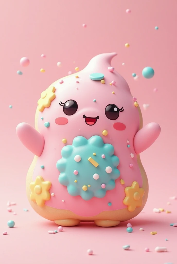 Image of a cookie that is a cheerful pink character, turquoise and yellow  , Name Sugar Cookie 