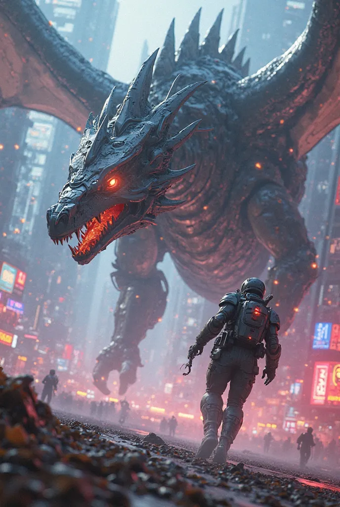 "A battle between a futuristic soldier and a robotic dragon, neon reflections, intense action, slow-motion effect, cinematic lighting, smooth animation, hyper-realistic, 4K resolution"