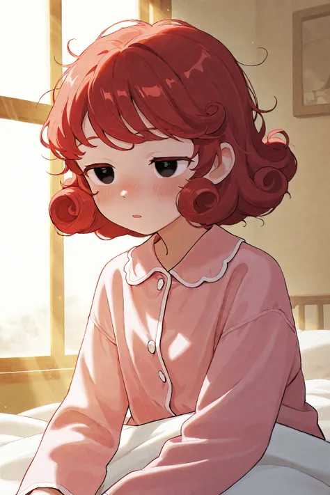 1girl, solo, upper body, short curly hair, red hair, sleepy eyes, black eyes, small nose, straight nose, non-prominent ears, pink pajamas, blushing intensely, surprised expression, sitting on bed, tousled hair, sunlight streaming through window, cinematic ...