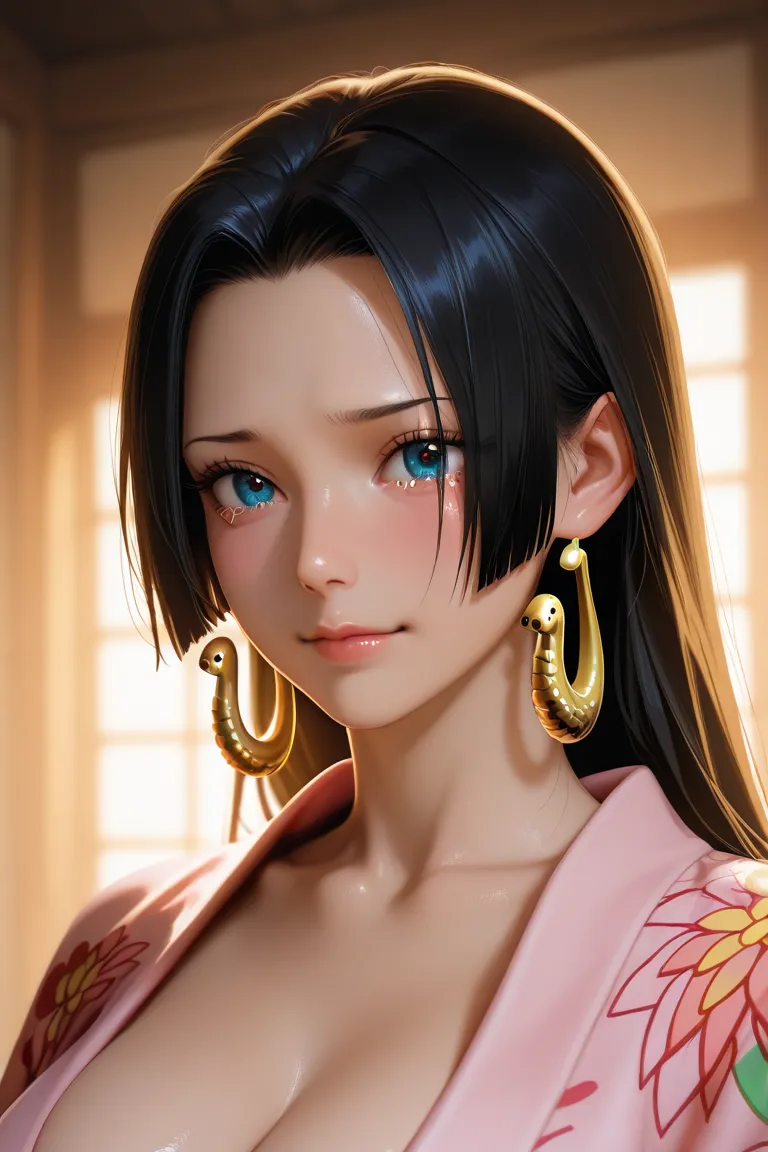 masterpiece, (Pink Kimono),   seductive face,  good lighting, neckline, cara crying,  massive amount of tears on my face, tears that flow down the breasts  ,  Boa Hancock