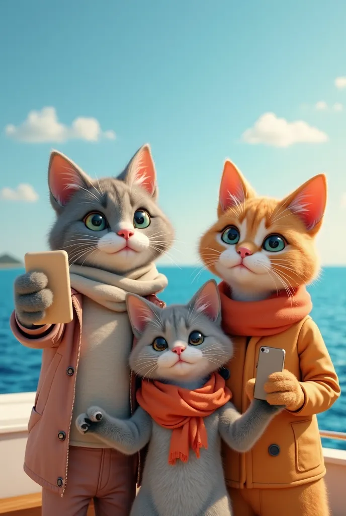 The image you sent appears to be an AI-generated scene, showing a family of anthropomorphic cats on a cruise. They are dressed in human clothes and posing for a selfie, with a blue sea and sunny sky in the background. The style recalls realistic 3D animati...