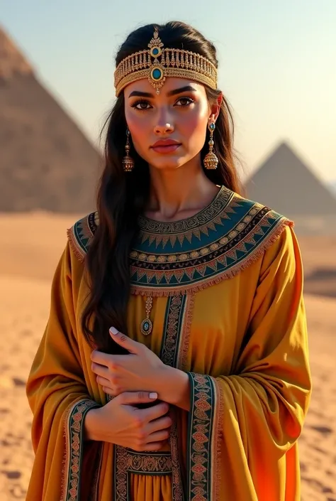 Create a high-resolution (4K) image of Hagar, the wife of the Prophet Ibrahim (Abraham). Depict her as an Egyptian woman dressed in traditional ancient Egyptian attire, featuring intricate patterns and rich colors. She should have dignified features, exudi...