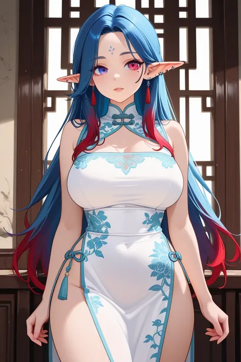 Women, small waist, big breasts,  profiled face , right eye purple and left eye green, short hair up to the shoulders blue with red tips, elf ears with pircings, clothing from ancient China 