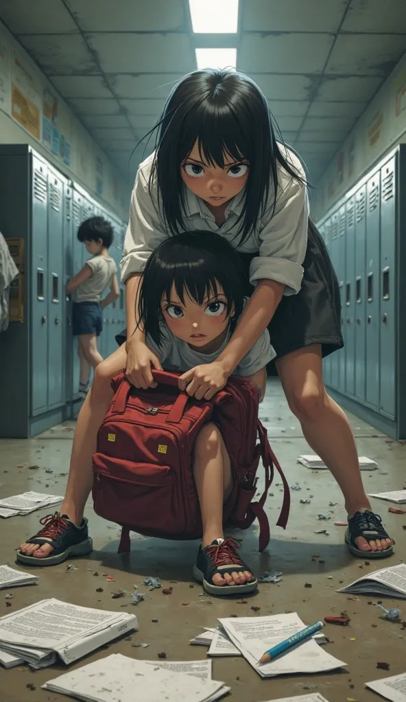 A bully japanese girl grabbing the young girl's backpack and shoving her books on the floor.