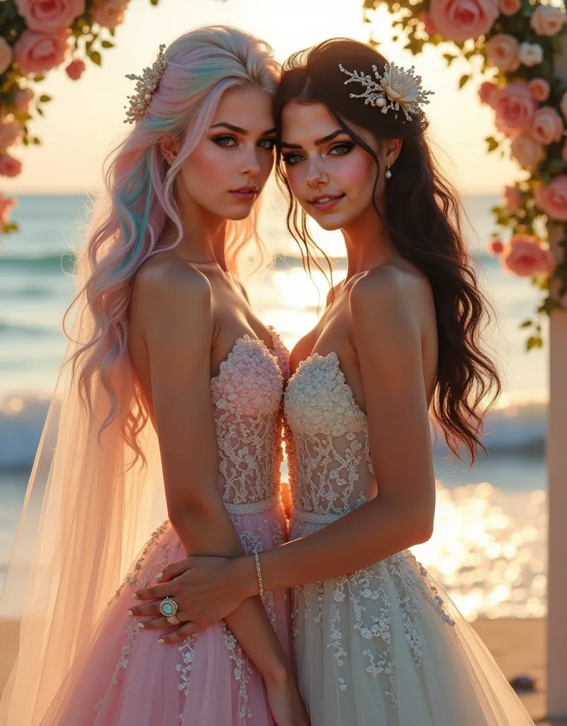 

"Two radiant brides stand together in a magical beach wedding ceremony. One bride has striking pink and blue hair flowing in gentle ocean breeze, while the other has lustrous black hair adorned with tiny seashells and pearls. Both wear breathtaking weddi...