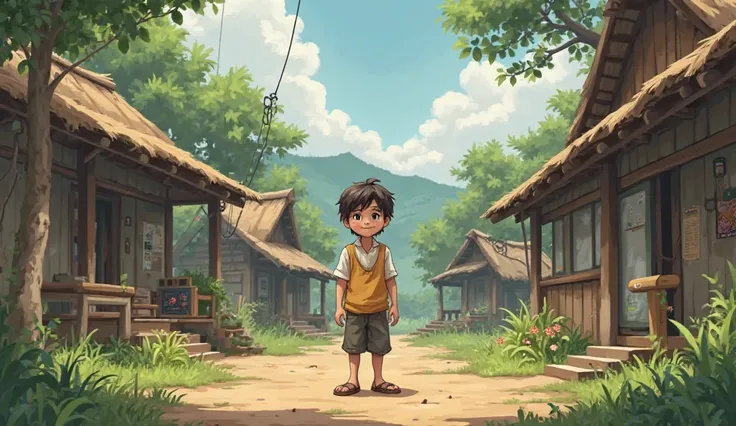 A small village with simple houses, dirt roads, and a boy standing with a determined look.