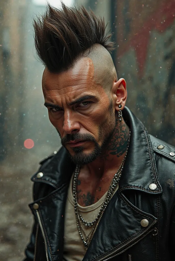 Create the image of a man with a mohawk haircut in biker clothing, with goatee