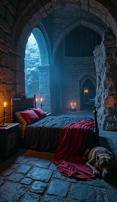 An ultra-realistic point-of-view image (throw), capturing the first person perspective. You awaken in the royal chambers of the House of Hades, lying on a black bed adorned with red silks and gold details. Your vision adjusts to the penumbra of the bedroom...