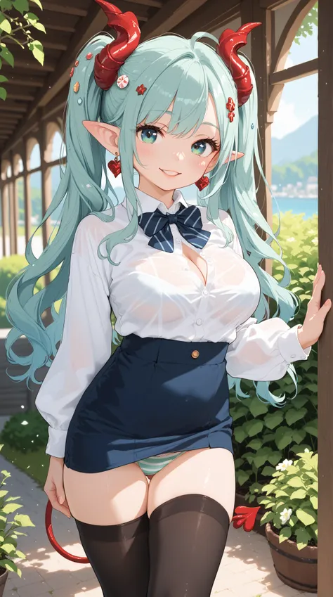 (masterpiece, best qualixty:1.3), (absurdres absolutely resolution), (8k), (detailed beautiful face and eyes), (detailed illustration), (super fine illustration), woman with blue/green long hair wearing a white shirt and black pants 1girl, breasts, solo, t...