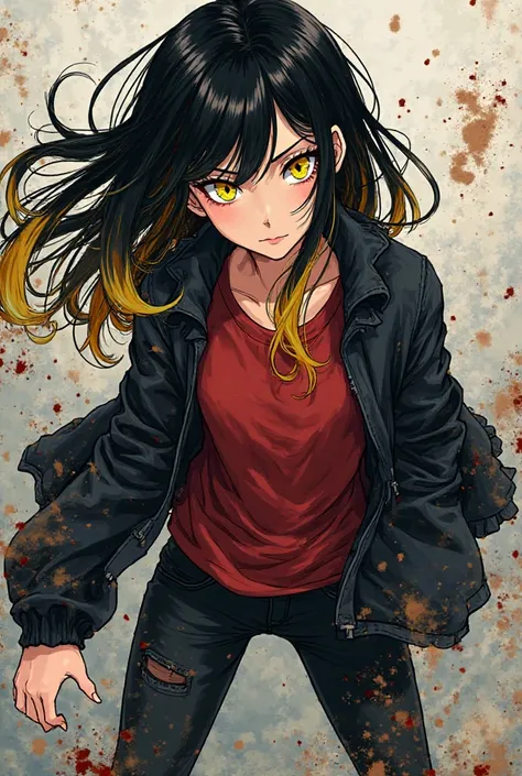 A girl in the style of the anime chainsaw man with black hair with blond tips, light yellow eyes ,  a black jacket, wearing black pants,  a red t-shirt , black and white booties , A look would be  