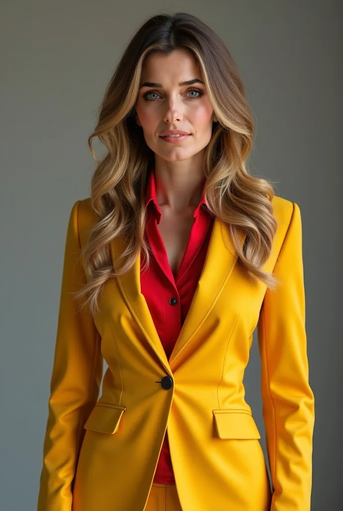  Woman, Realistic, Dark honey hair with fine black highlights and thin blonde locks , long hair, wavy hair, red blouse inside the suit, closed yellow-egg suit executive style, yellow-egg executive style pants, red high-heeled shoe in varnish, reporter, ver...