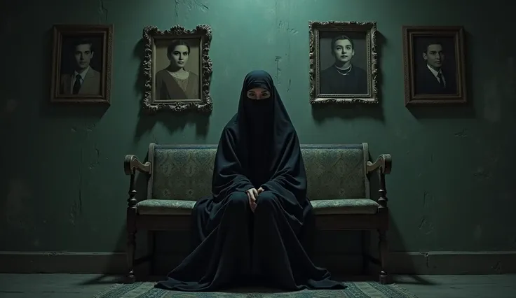 A woman sitting alone on a bench in a dark room, her face hidden behind her burqa, surrounded by family portraits of her father and memories she couldn't be a part of.