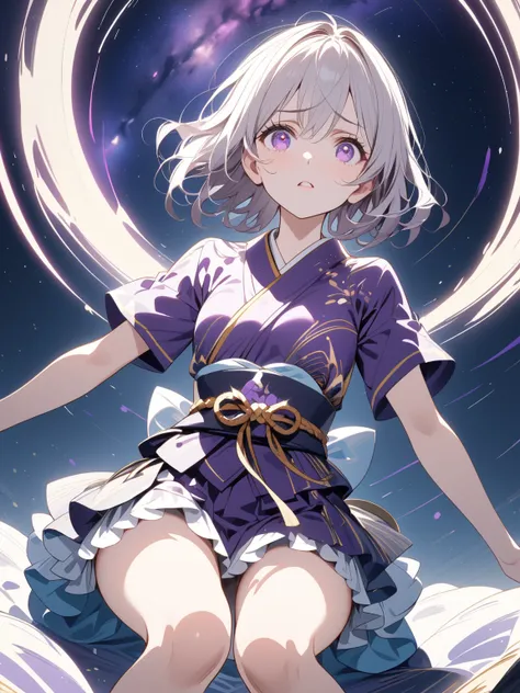 Wa Lolita, kimono skirt, furisode sleeves, silver medium hair,  girl with purple eyes, Alone, Starry sky in a galaxy,  alert ,  knee shot, corruption, Short sleeve, miniskirt, 