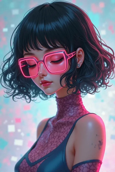 Imagination, complex illustration in the realistic surreal art style, A bust of an ether machine with short translucent black hair, She is wearing beautiful clothes, Square pink glasses, soft black hair. shoulders.,  with eyes closed and looking down, danc...