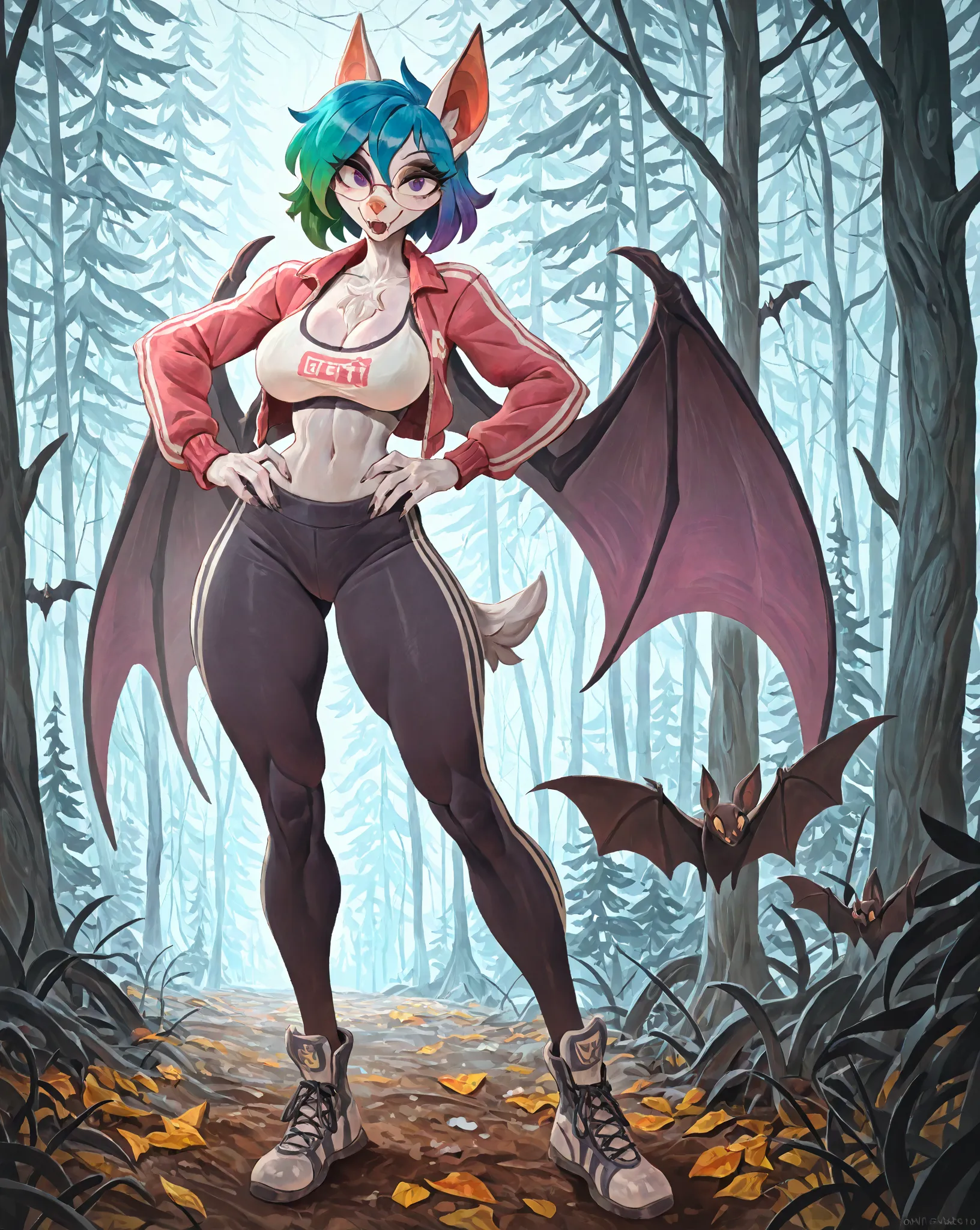 masterpiece, newest, absurdres, safe, hot woman as a bat character in a sexy outfit, 1girl, breasts, solo, wings, furry, furry female, large breasts, with white fur, looking at viewer, navel, jacket, glasses, gradient hair, pants, bat_wings, purple eyes, g...