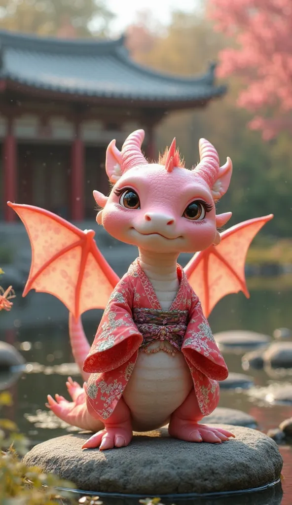  Fantastic　realistic footage　The large garden of a Japanese house　On the stones in the pond　A cute pink dragon with round eyes wearing a beautiful girl's kimono　wing　Horn　Beautiful hair ornament