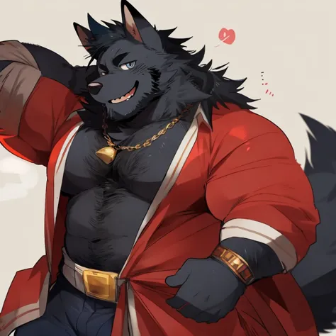 fox, furry, black fur, handsome, very muscular, very big, extremely hot and sexy, beard, hair, chest hair, charming eyes, solo, male, happy expression, daddy, full body, big body, clothes, middle aged, by hyaku, by darkgem, by glitter trap boy