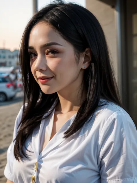 Idol-like Japanese women ,long hair , perfect , round face ,Bust Up , sailor uniform  ,   as shown in the picture  , Golden sand beach at sunset