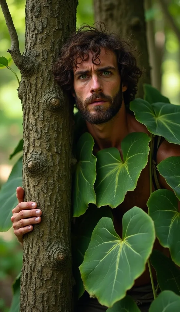 Create an image of Adam answering: "I heard your voice sound in the garden, and themes, because he was naked, And I hid ." The setting is the same garden. Adam is half hidden behind a tree,  with an expression of fear . He is dressed in simple clothes made...