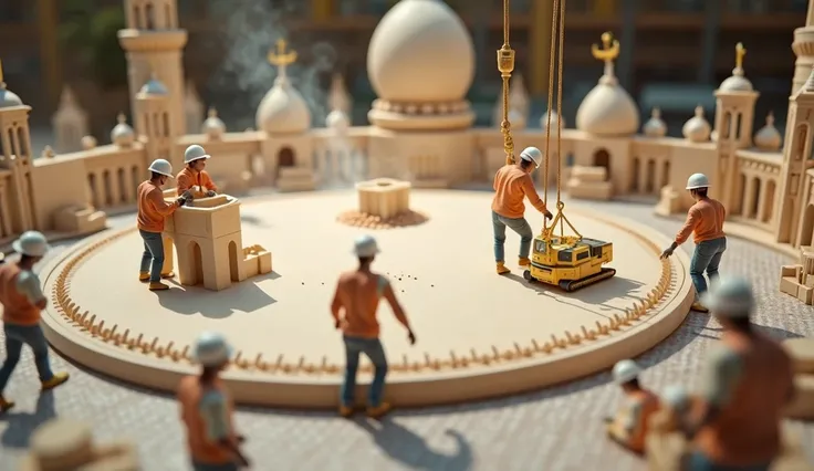 "Highly detailed and realistic close-up shot of walking into a giant mosque being 'built' by tiny workers in orange safety gear. Some are climbing, some are using miniature equipment, and a small crane is moving to perform the prayer. Steam rises from the ...