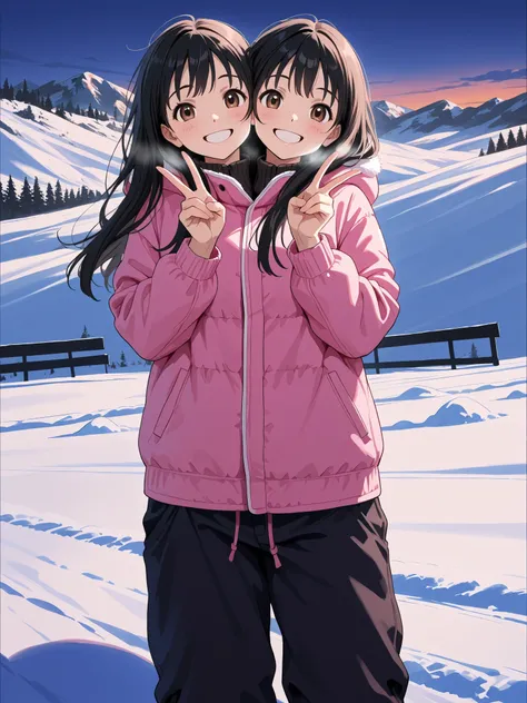 anime girl with two heads, pink parka, black hair, brown eyes, smiling, happy, energetic, peace sign, black snow pants, snowy landscape, ski slope, winter, evening