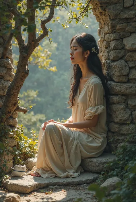 You can create an image of a stone wall with branches coming out and a woman sitting next to it 