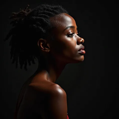 An ultra-realistic portrait of an ordinary black person in a professional studio. The camera captures every detail of the skin, including natural texture, visible pores, minor imperfections and subtle glow. Dramatic lighting creates realistic shadows, whil...