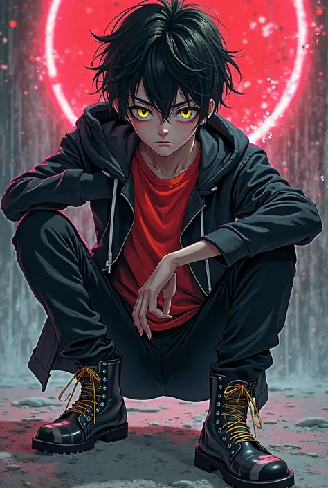 A  in the style of the anime Chainsaw Man with black hair with blond tips, light yellow eyes ,  a black jacket, wearing black pants,  a red t-shirt , black and white booties , A look would be  