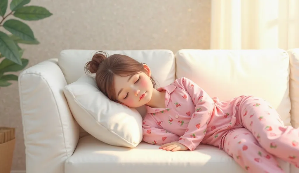 A very tired lady with eyes closed laying on a white sofa. She is wearing a pink strawberry printed pajamas. He hair are tied in a pony tail