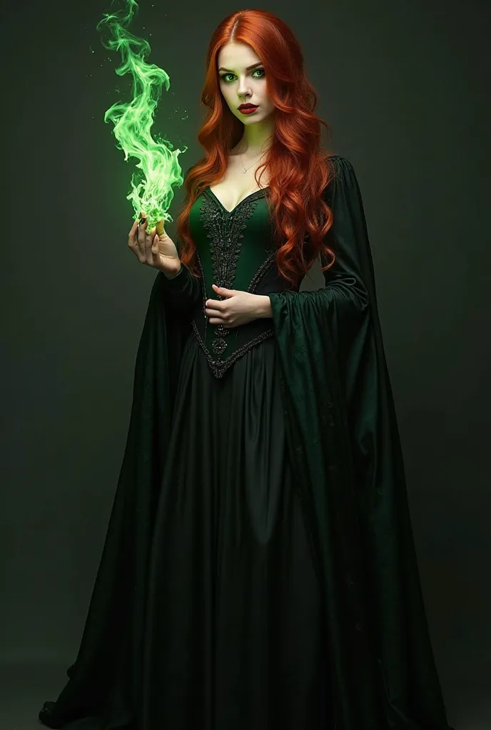 A complete body  photo of a young,evil very powerful darked beautiful vampire supervillain with green eyes, long, wavy red hair, and a lock of hair covering the left side of her face. She has white and pale feet, long vampire fangs, and is wearing a black ...