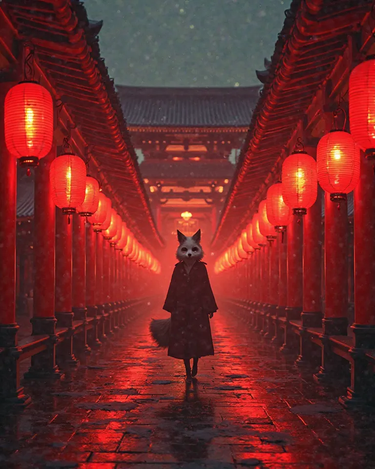 A mysterious temple, In which a thousand red lanterns glow and illuminate the dark sky. A figure wearing a fox mask ( Kitsune) slowly steps through the corridor of light, as its shadows move in impossible directions.