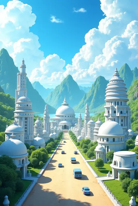 Create a city inspired by the Dragon Ball universe, with rounded, white buildings, floating vehicles and wide streets. The setting should include green mountains in the background, scattered trees and a blue sky with some clouds. The climate is sunny and v...