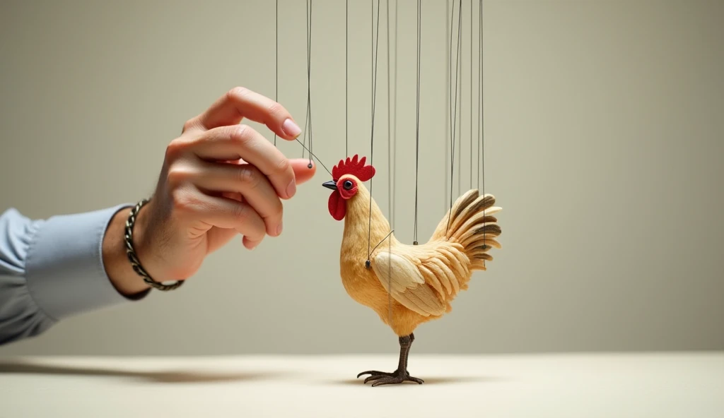 a man's hand controlling a puppet chicken by wires