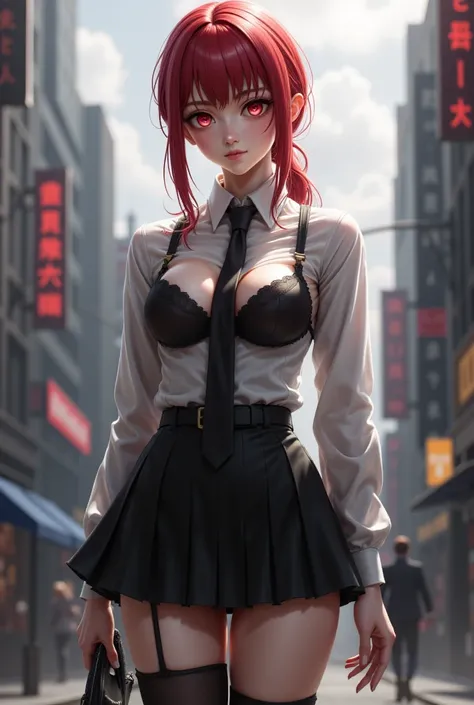 Makima, a 17-year-old girl, red hair in a ponytail, realistic and realistic digital art, uniform long-sleeved shirt and tie, black skirt, deep neckline, black underwear, visible bra, suspenseful look. Makima character from the animechainsaw man, 3D, hyperr...