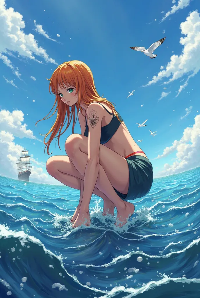 Nami from One Piece with her back crouched 
