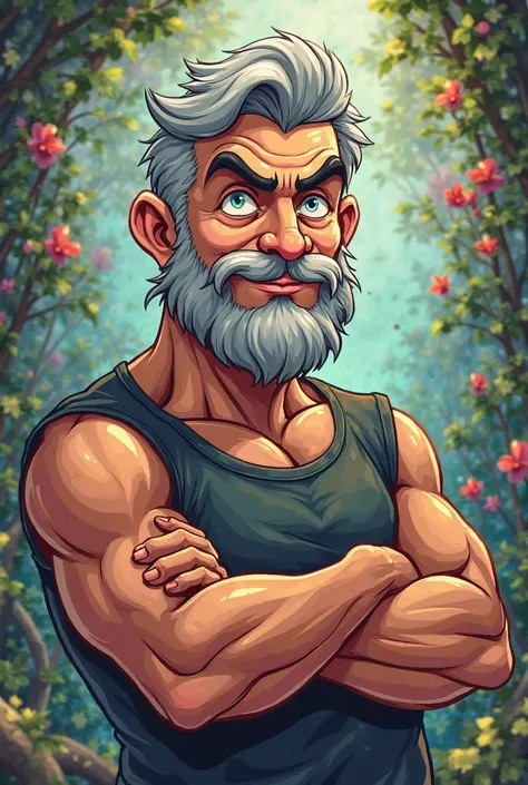 A cartoon of a slightly muscular man, with a beard and gray hair