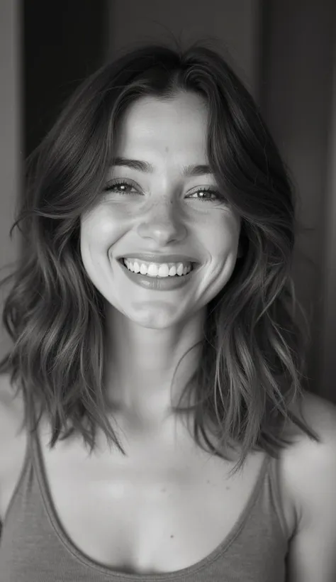 A black and white portrait of a young woman with wavy, shoulder-length hair, smiling joyfully. Her eyes are slightly squinted, and her teeth are perfectly aligned, showcasing a natural and radiant smile. The lighting is soft and even, highlighting her smoo...