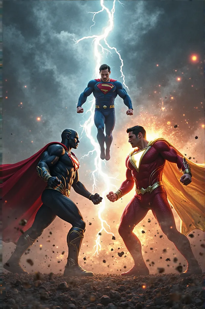 "Create an epic scene of Superman, Black Adam, and Shazam locked in an intense battle amidst a powerful thunderstorm. Lightning strikes illuminate the dark sky, casting dramatic shadows on the fighters. Superman, in his iconic blue and red suit, hovers mid...