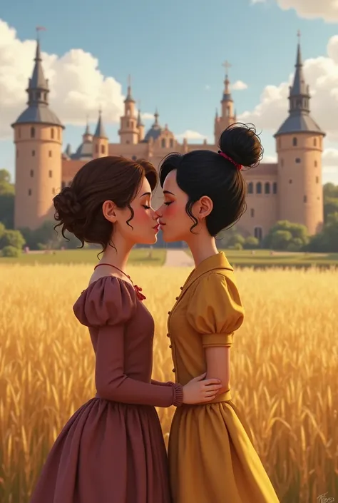 Create me a photo of a couple kissing each other on a large field in which the Alcazar of Segovia is in the background. The girl is brown and has a bun and the boy has black hair and curls. It's a picture taken by them.. And people are Disney Pixard charac...