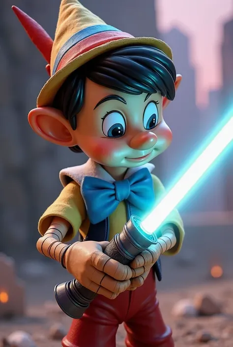 Pinocchio fighting with his lightsaber like a starwars rebel, determination on his eyes, pixar style