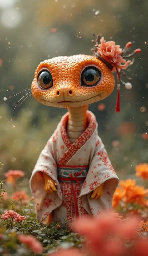  Fantastic　 realistic footage　The large garden of a Japanese house　A cute orange snake with round eyes wearing a pretty girl's kimono　Beautiful hair ornament