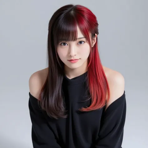 Two-tone color with black and red hair、 hairstyle is straight、super long hair、ponytail、black maid outfit