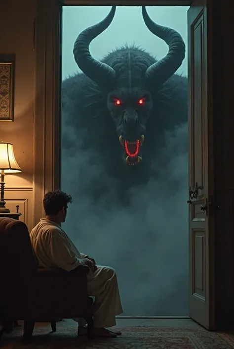 a dramatic and mysterious scene in a dimly lit room. A man in a white tunic , serene and contemplative, is seated in an armchair under the soft light of a lamp. At the open door , an immense demonic creature observes,  with glowing red eyes , sharp teeth a...