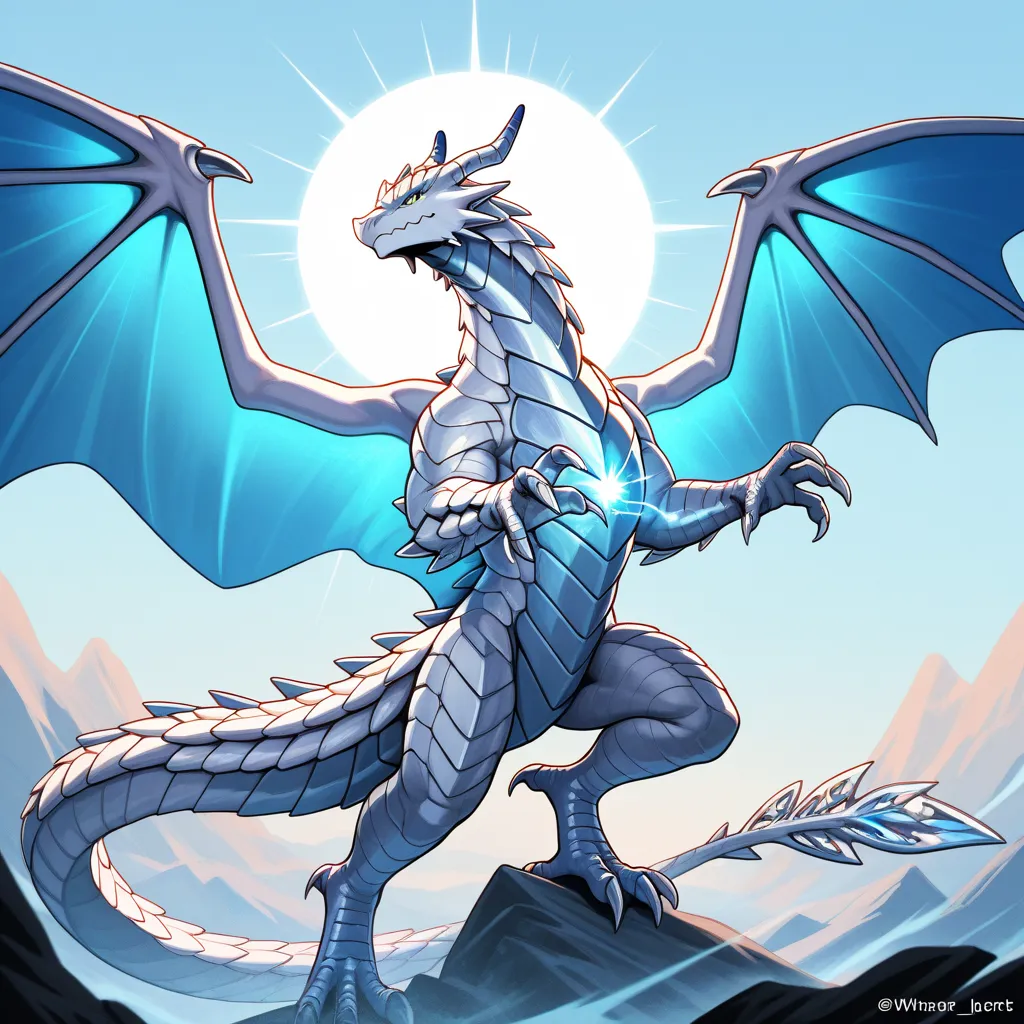 masterpiece, better quality, dragon, without humans, Alone, open wings, light, Line,  blue sky , majestic pose , full body 