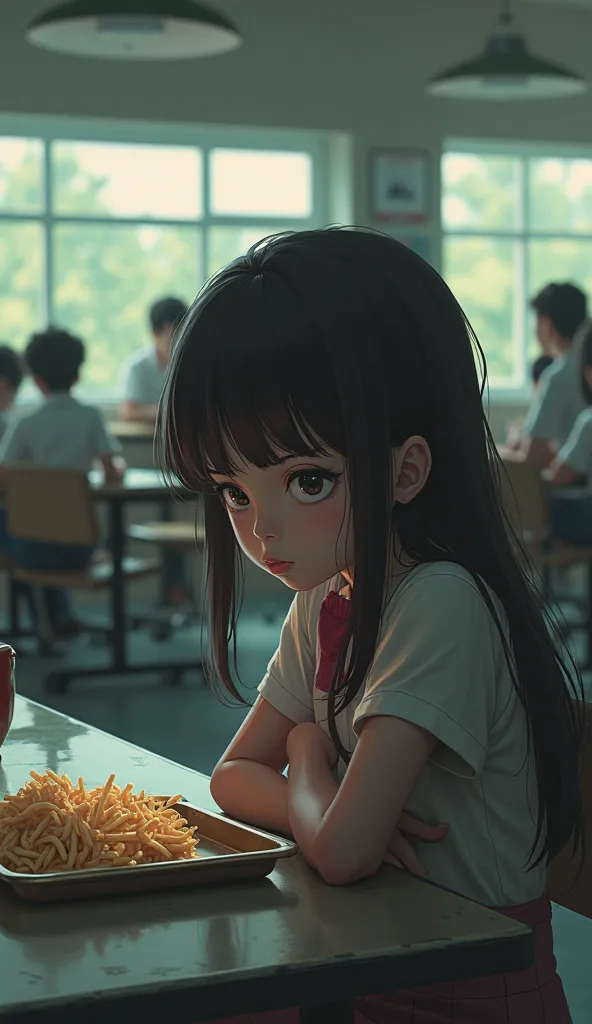 The girl sitting alone at lunch, staring at her untouched food while others socialize.