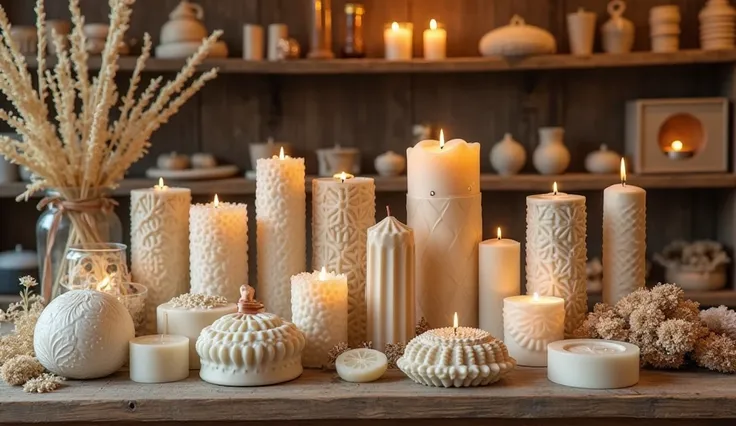 handmade candles and soaps with beautiful and varied molds in a cozy atmosphere